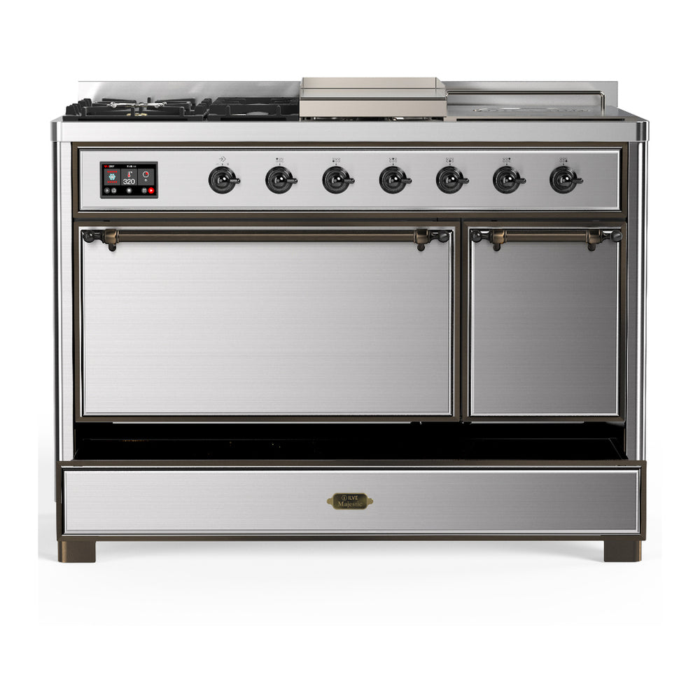 ILVE Majestic III 48" Stainless Steel Dual Fuel Range with 5 Burners, Griddle and French Top Solid Door Liquid Propane