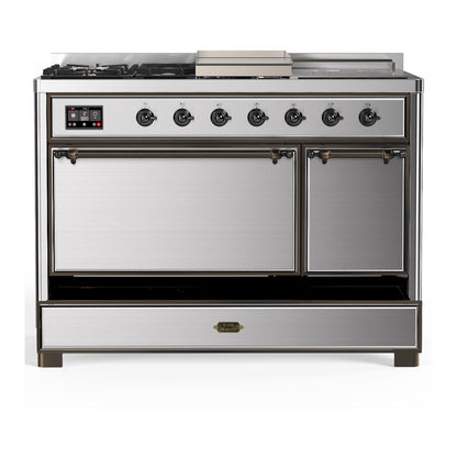 ILVE Majestic III 48" Stainless Steel Dual Fuel Range with 5 Burners, Griddle and French Top Solid Door Liquid Propane