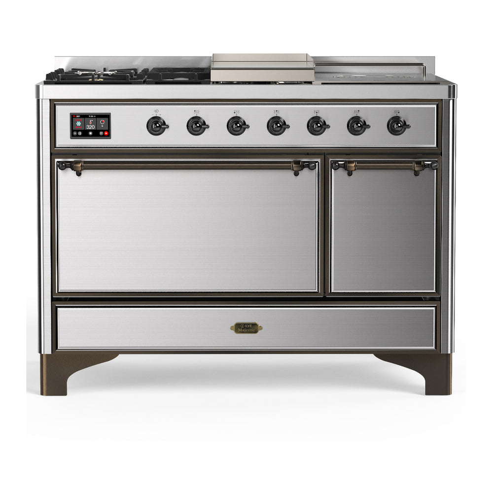 ILVE Majestic III 48" Stainless Steel Dual Fuel Range with 5 Burners, Griddle and French Top Solid Door Natural Gas