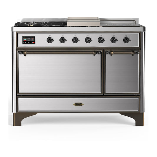 ILVE Majestic III 48" Stainless Steel Dual Fuel Range with 5 Burners, Griddle and French Top Solid Door Natural Gas