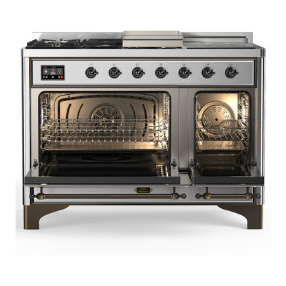 ILVE Majestic III 48" Stainless Steel Dual Fuel Range with 5 Burners, Griddle and French Top Solid Door Natural Gas