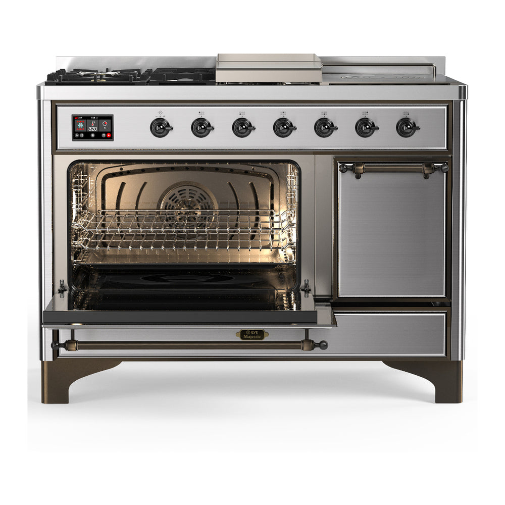 ILVE Majestic III 48" Stainless Steel Dual Fuel Range with 5 Burners, Griddle and French Top Solid Door Natural Gas