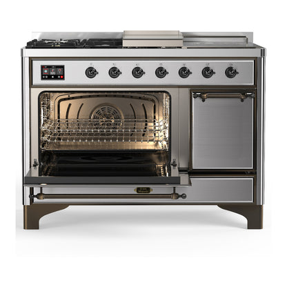ILVE Majestic III 48" Stainless Steel Dual Fuel Range with 5 Burners, Griddle and French Top Solid Door Natural Gas