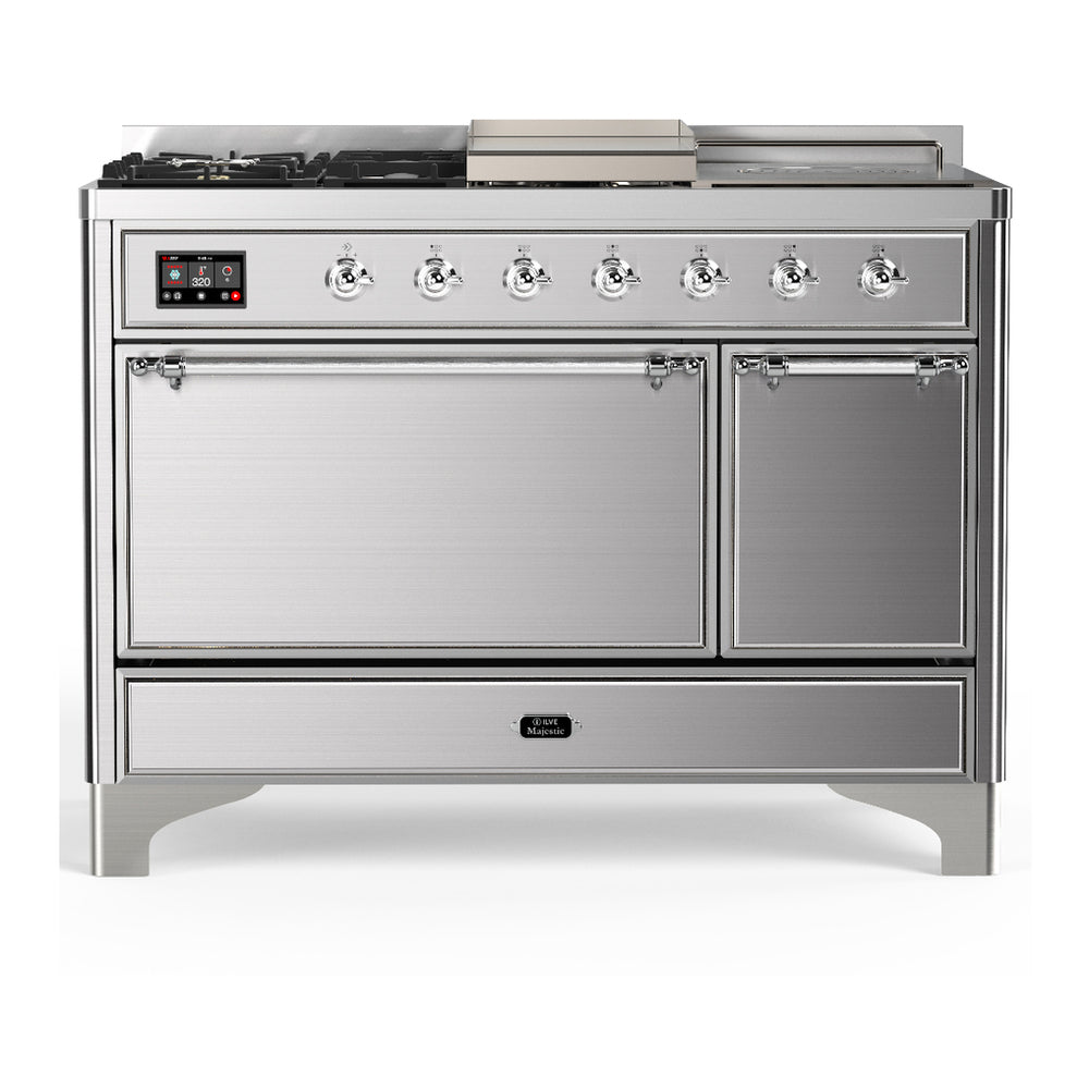 ILVE Majestic III 48" Stainless Steel Dual Fuel Range with 5 Burners, Griddle and French Top Solid Door Natural Gas