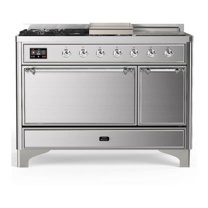 ILVE Majestic III 48" Stainless Steel Dual Fuel Range with 5 Burners, Griddle and French Top Solid Door Natural Gas