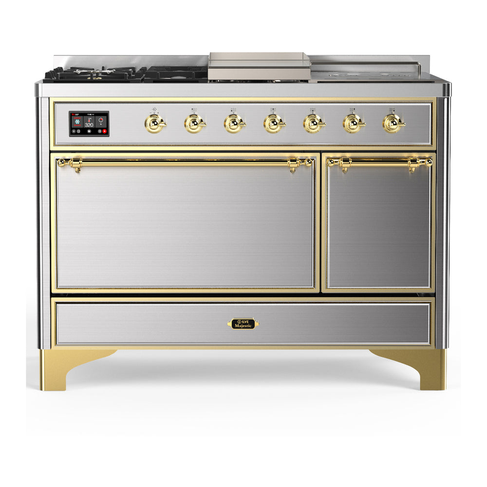 ILVE Majestic III 48" Stainless Steel Dual Fuel Range with 5 Burners, Griddle and French Top Solid Door Natural Gas
