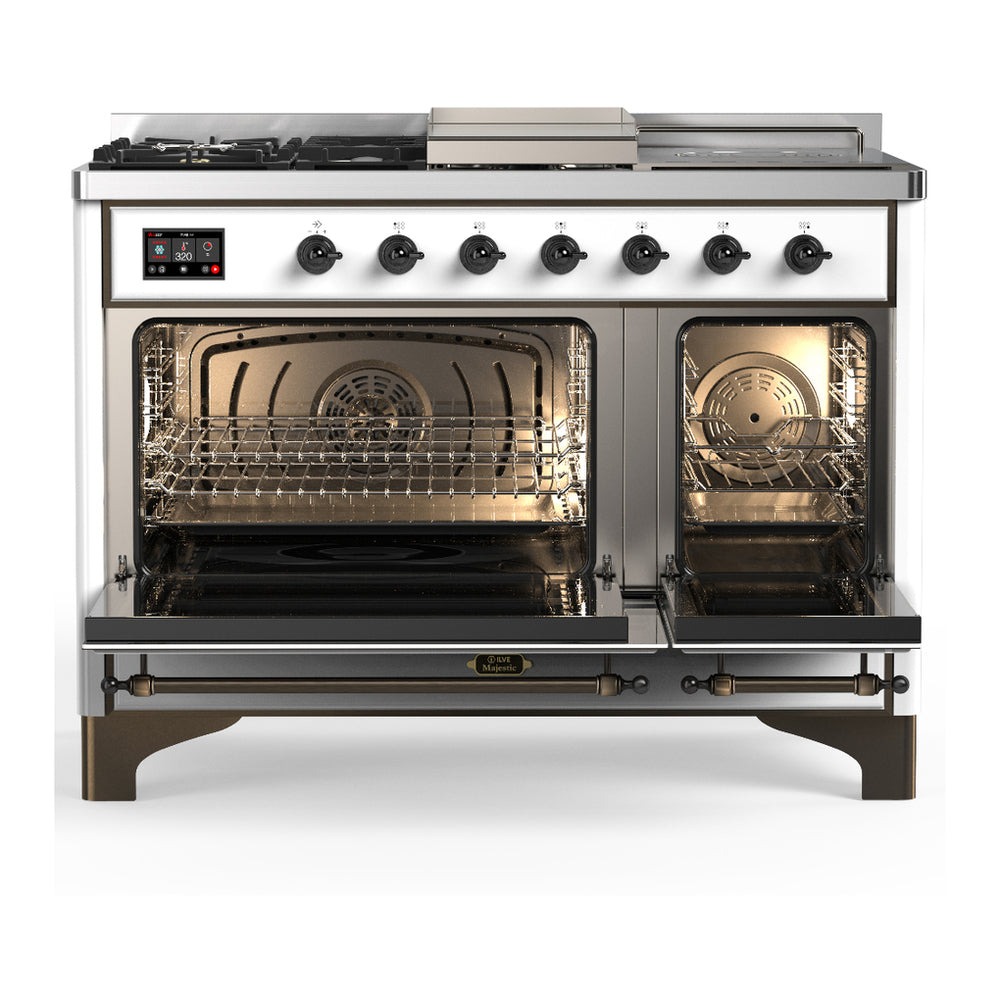 ILVE Majestic III 48" White Dual Fuel Range with 5 Burners, Griddle and French Top Solid Door Liquid Propane