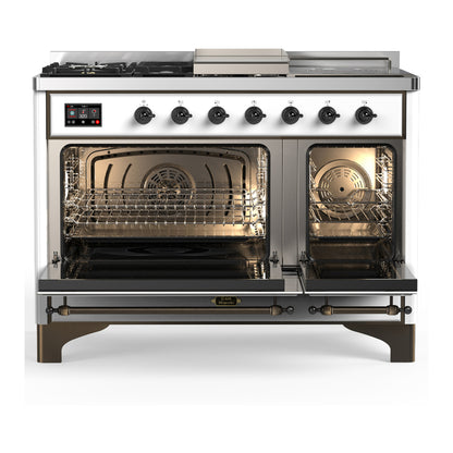 ILVE Majestic III 48" White Dual Fuel Range with 5 Burners, Griddle and French Top Solid Door Liquid Propane