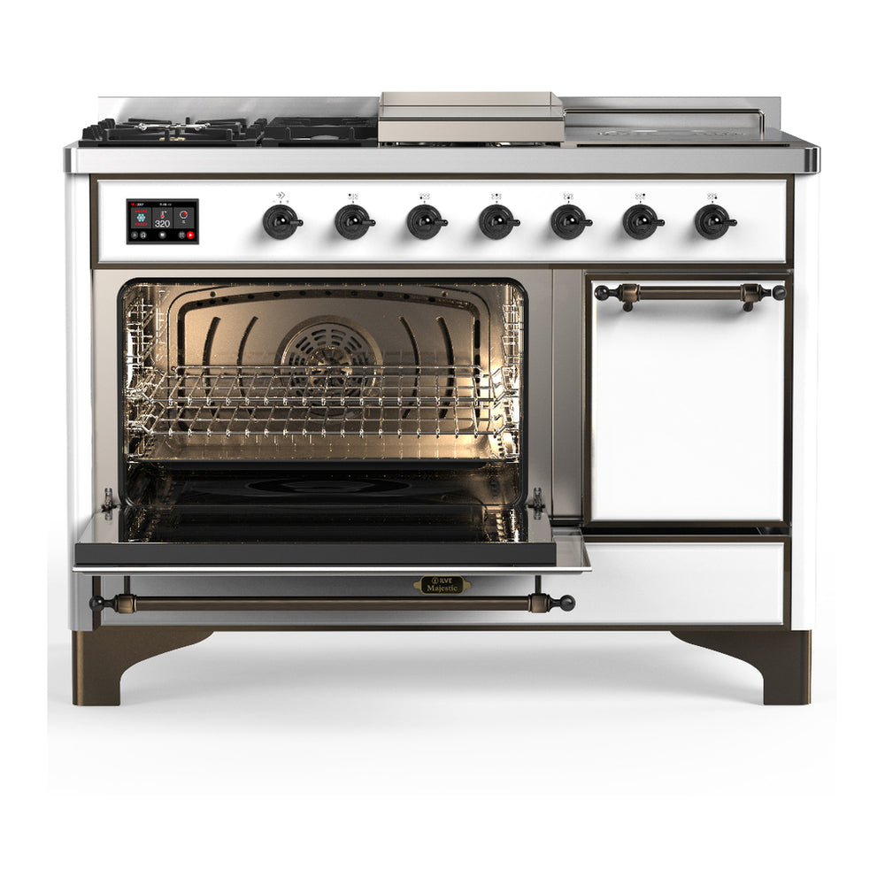 ILVE Majestic III 48" White Dual Fuel Range with 5 Burners, Griddle and French Top Solid Door Liquid Propane