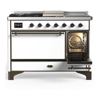 ILVE Majestic III 48" White Dual Fuel Range with 5 Burners, Griddle and French Top Solid Door Liquid Propane