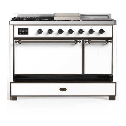 ILVE Majestic III 48" White Dual Fuel Range with 5 Burners, Griddle and French Top Solid Door Liquid Propane
