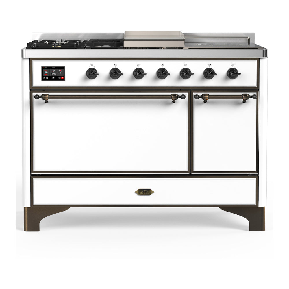 ILVE Majestic III 48" White Dual Fuel Range with 5 Burners, Griddle and French Top Solid Door Natural Gas