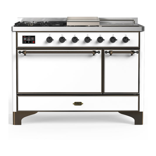 ILVE Majestic III 48" White Dual Fuel Range with 5 Burners, Griddle and French Top Solid Door Natural Gas