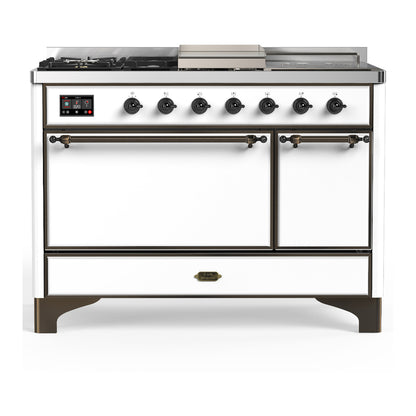 ILVE Majestic III 48" White Dual Fuel Range with 5 Burners, Griddle and French Top Solid Door Natural Gas