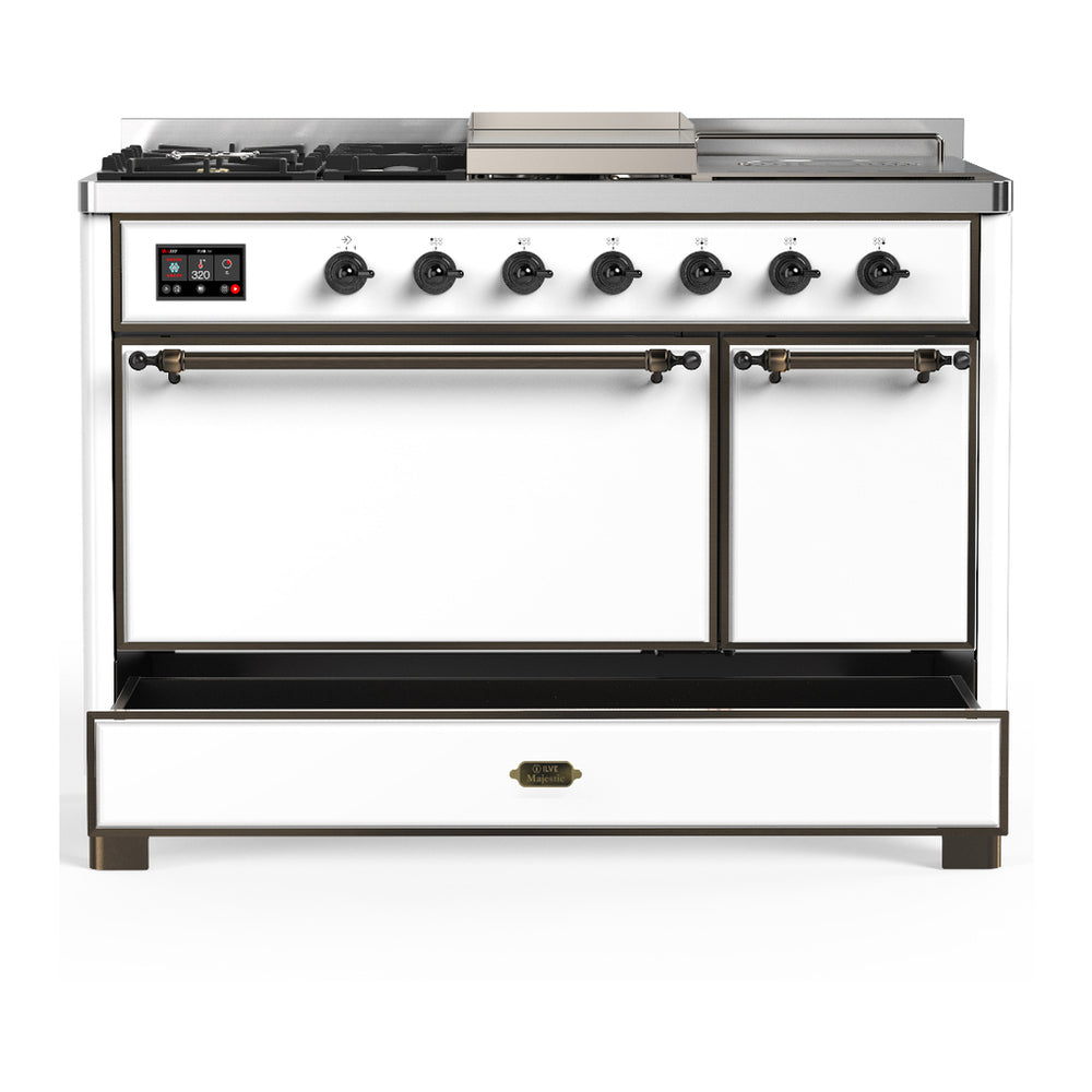 ILVE Majestic III 48" White Dual Fuel Range with 5 Burners, Griddle and French Top Solid Door Natural Gas