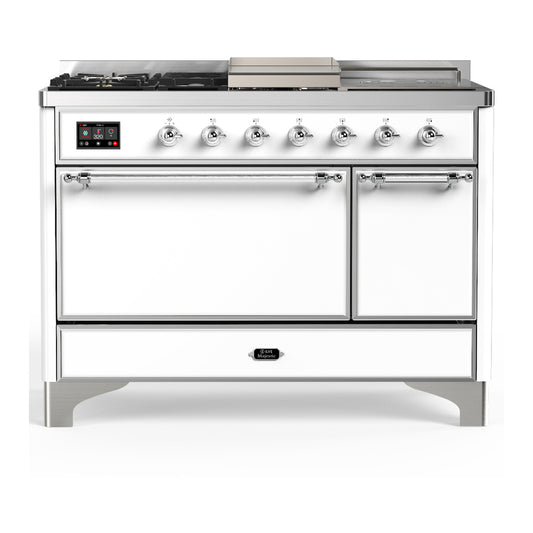 ILVE Majestic III 48" White Dual Fuel Range with 5 Burners, Griddle and French Top Solid Door Liquid Propane
