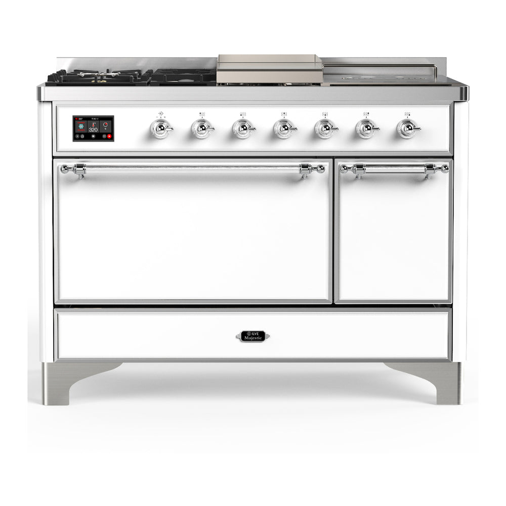 ILVE Majestic III 48" White Dual Fuel Range with 5 Burners, Griddle and French Top Solid Door Natural Gas