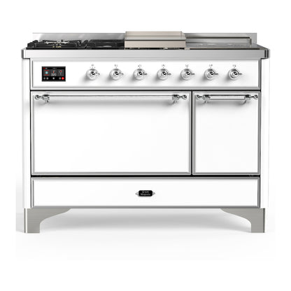 ILVE Majestic III 48" White Dual Fuel Range with 5 Burners, Griddle and French Top Solid Door Natural Gas