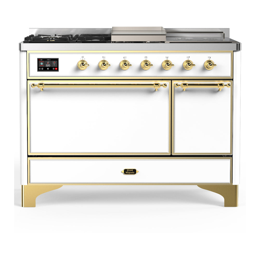 ILVE Majestic III 48" White Dual Fuel Range with 5 Burners, Griddle and French Top Solid Door Natural Gas