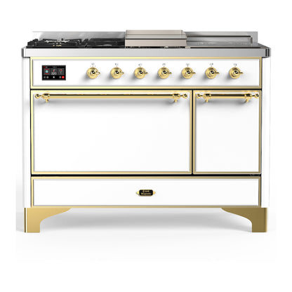 ILVE Majestic III 48" White Dual Fuel Range with 5 Burners, Griddle and French Top Solid Door Natural Gas