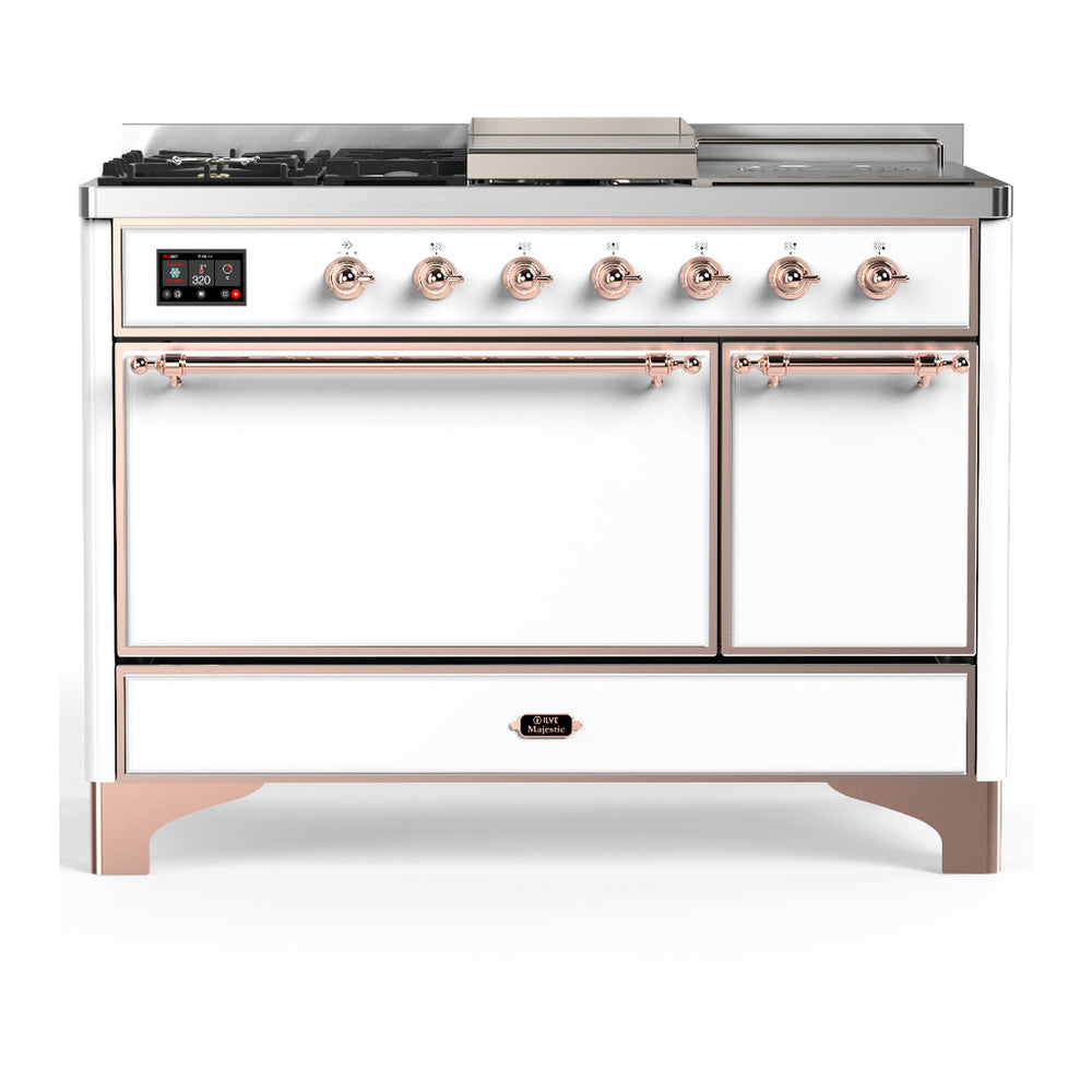 ILVE Majestic III 48" White Dual Fuel Range with 5 Burners, Griddle and French Top Solid Door Natural Gas