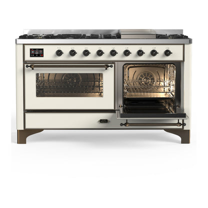 ILVE Majestic III 60" Antique White Dual Fuel Range with 9 Burners and Griddle Triple Glass Door Liquid Propane