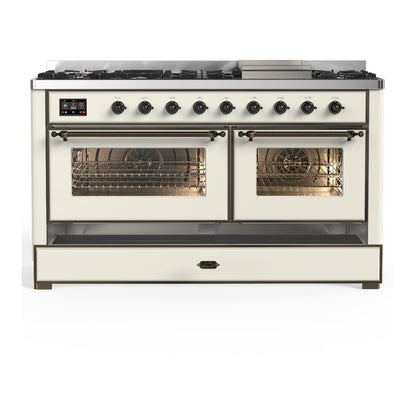 ILVE Majestic III 60" Antique White Dual Fuel Range with 9 Burners and Griddle Triple Glass Door Liquid Propane
