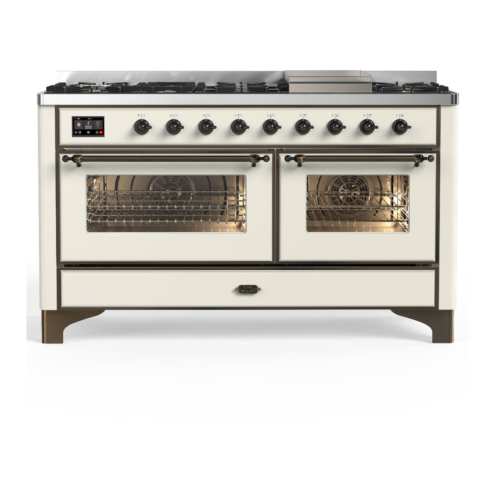 ILVE Majestic III 60" Antique White Dual Fuel Range with 9 Burners and Griddle Triple Glass Door Natural Gas