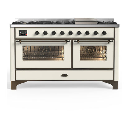 ILVE Majestic III 60" Antique White Dual Fuel Range with 9 Burners and Griddle Triple Glass Door Natural Gas