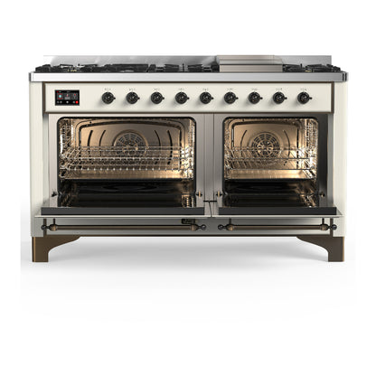 ILVE Majestic III 60" Antique White Dual Fuel Range with 9 Burners and Griddle Triple Glass Door Natural Gas