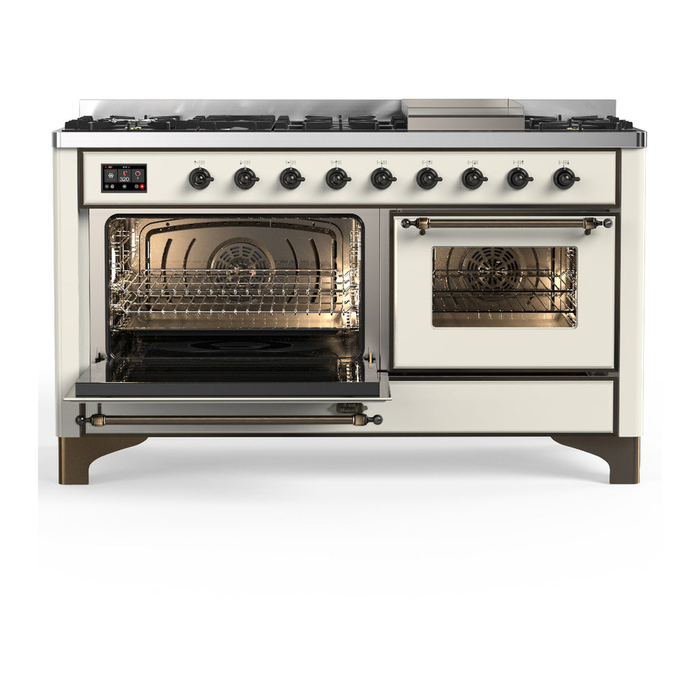 ILVE Majestic III 60" Antique White Dual Fuel Range with 9 Burners and Griddle Triple Glass Door Natural Gas