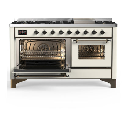 ILVE Majestic III 60" Antique White Dual Fuel Range with 9 Burners and Griddle Triple Glass Door Natural Gas