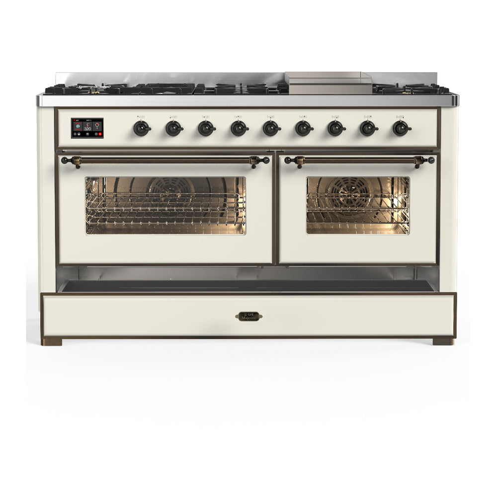 ILVE Majestic III 60" Antique White Dual Fuel Range with 9 Burners and Griddle Triple Glass Door Natural Gas