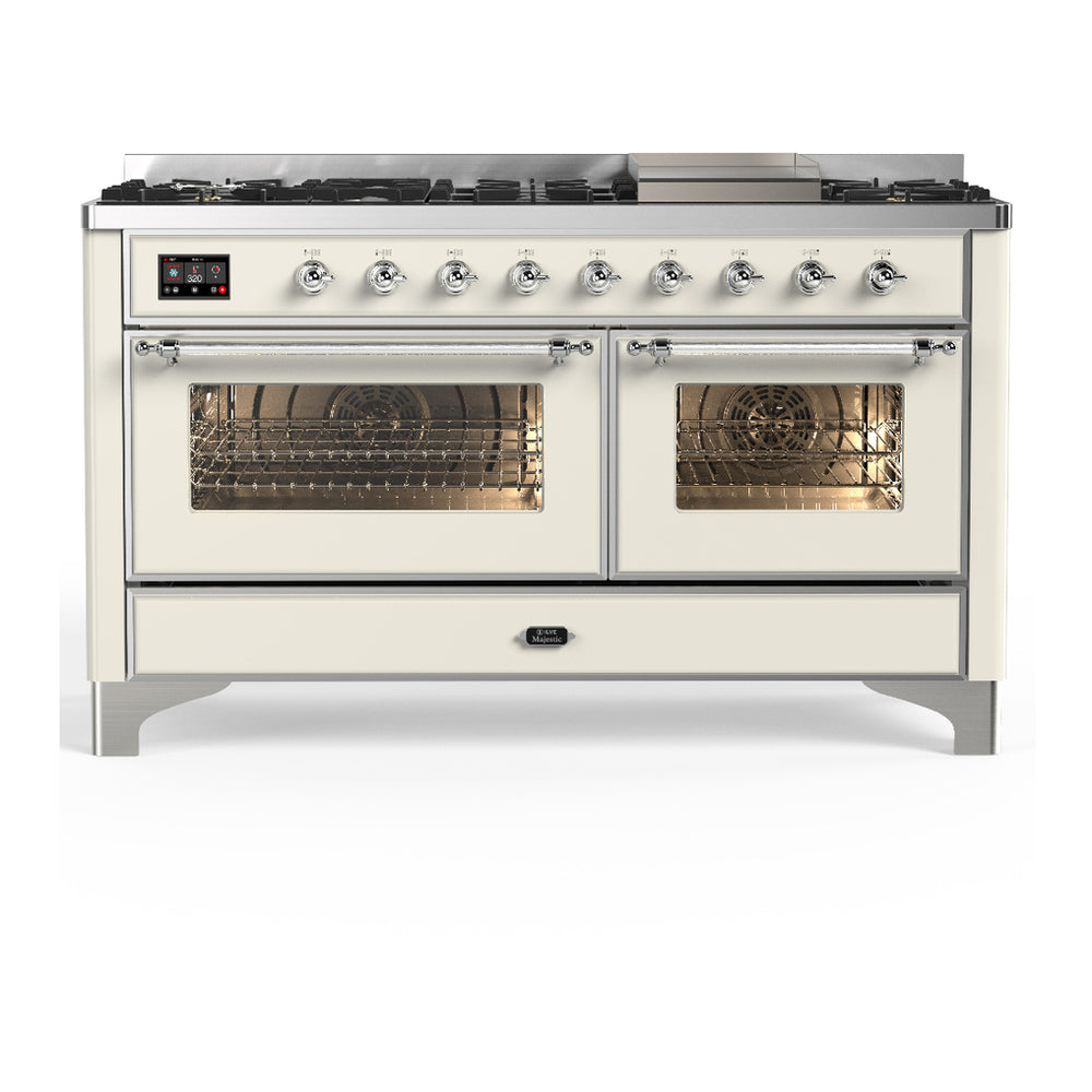 ILVE Majestic III 60" Antique White Dual Fuel Range with 9 Burners and Griddle Triple Glass Door Natural Gas