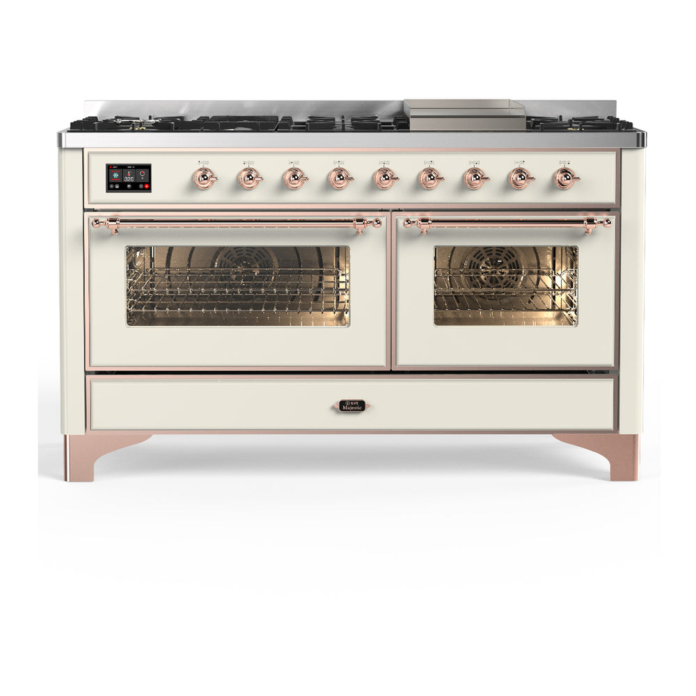ILVE Majestic III 60" Antique White Dual Fuel Range with 9 Burners and Griddle Triple Glass Door Liquid Propane