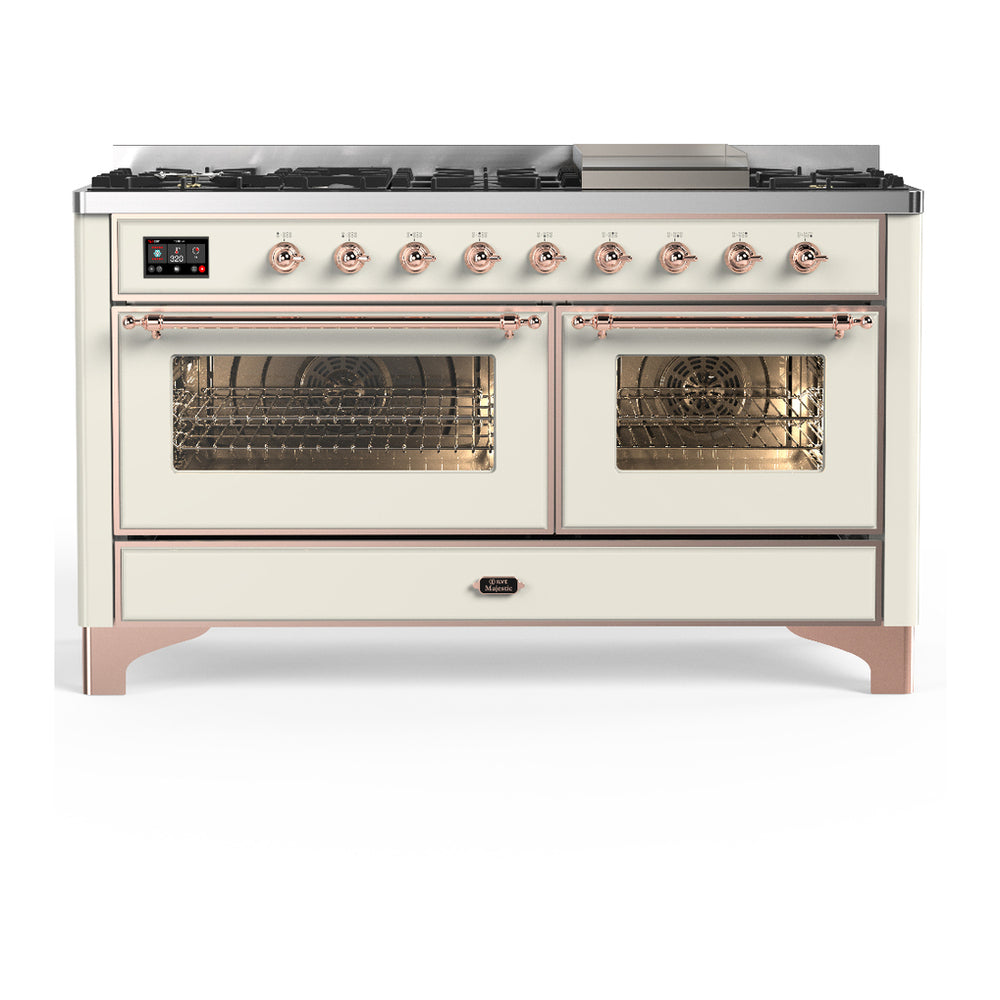 ILVE Majestic III 60" Antique White Dual Fuel Range with 9 Burners and Griddle Triple Glass Door Natural Gas