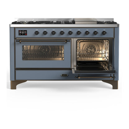 ILVE Majestic III 60" Blue Grey Dual Fuel Range with 9 Burners and Griddle Triple Glass Door Liquid Propane