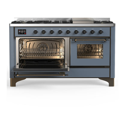 ILVE Majestic III 60" Blue Grey Dual Fuel Range with 9 Burners and Griddle Triple Glass Door Liquid Propane