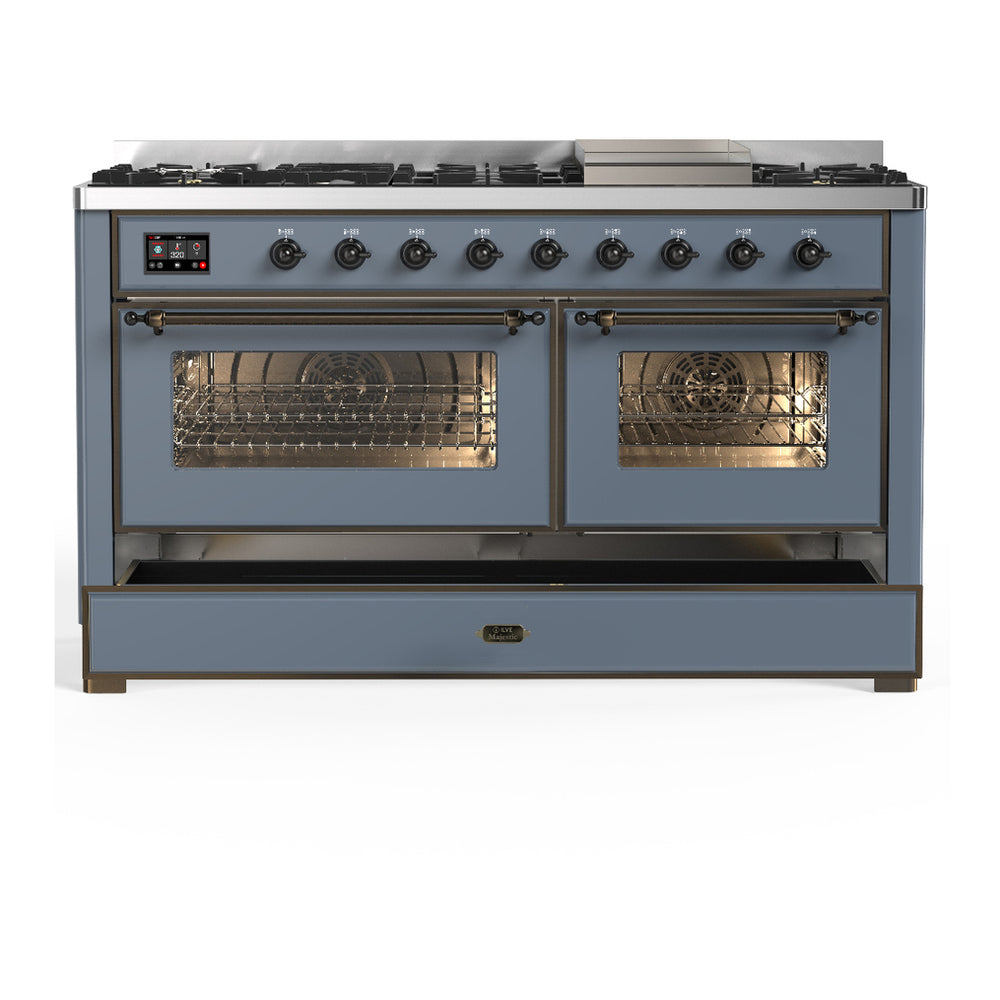 ILVE Majestic III 60" Blue Grey Dual Fuel Range with 9 Burners and Griddle Triple Glass Door Liquid Propane