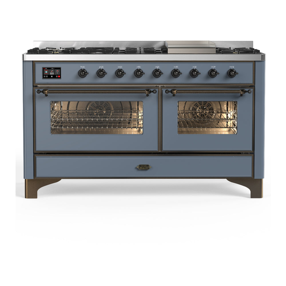 ILVE Majestic III 60" Blue Grey Dual Fuel Range with 9 Burners and Griddle Triple Glass Door Natural Gas