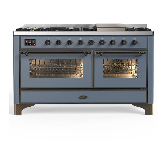 ILVE Majestic III 60" Blue Grey Dual Fuel Range with 9 Burners and Griddle Triple Glass Door Natural Gas