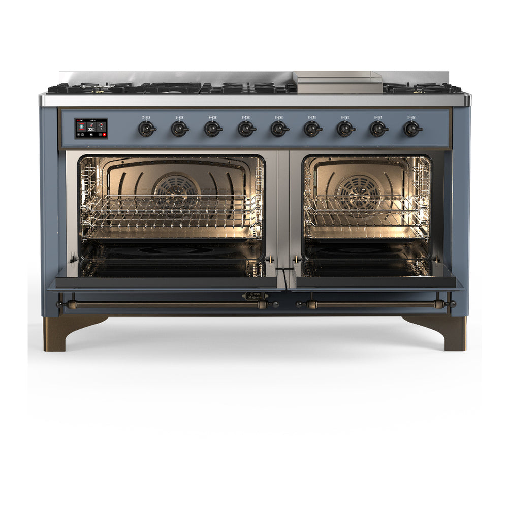 ILVE Majestic III 60" Blue Grey Dual Fuel Range with 9 Burners and Griddle Triple Glass Door Natural Gas