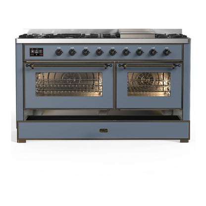 ILVE Majestic III 60" Blue Grey Dual Fuel Range with 9 Burners and Griddle Triple Glass Door Natural Gas