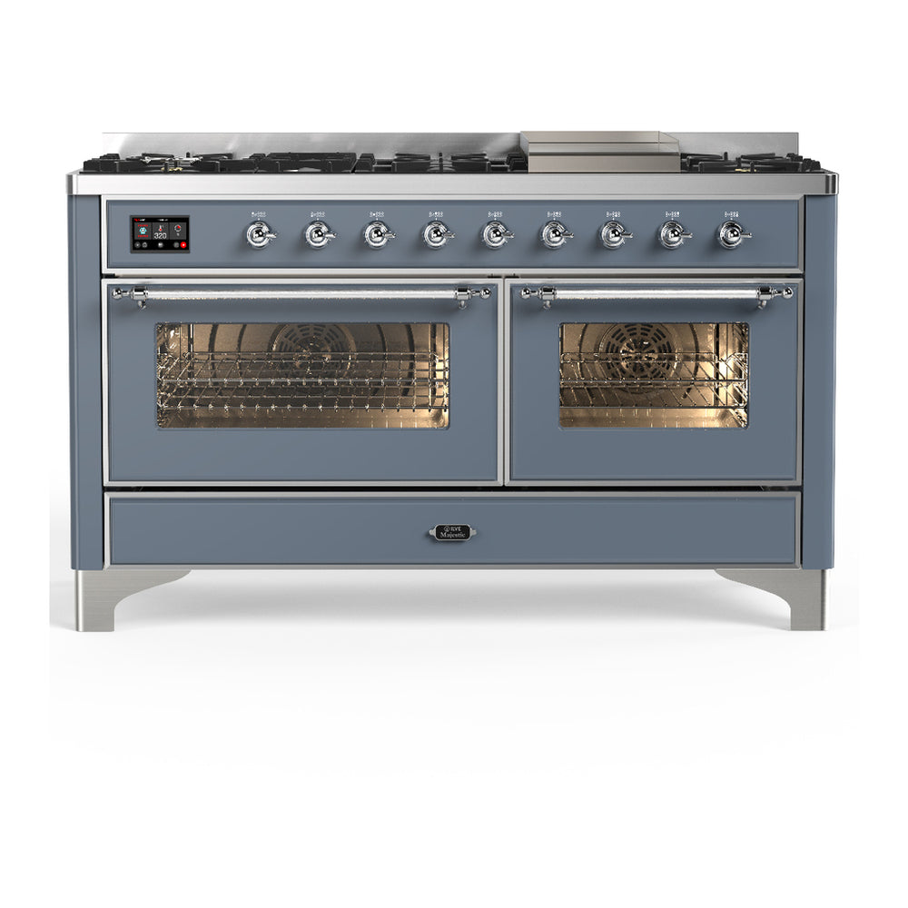 ILVE Majestic III 60" Blue Grey Dual Fuel Range with 9 Burners and Griddle Triple Glass Door Natural Gas