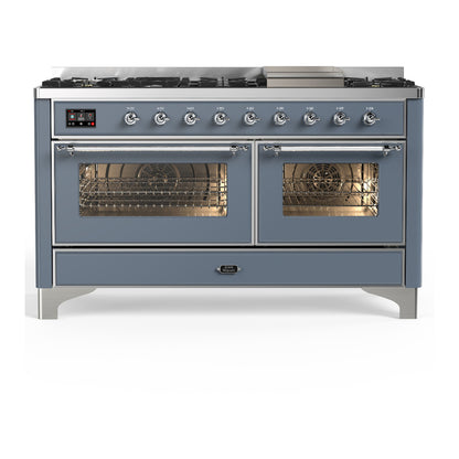 ILVE Majestic III 60" Blue Grey Dual Fuel Range with 9 Burners and Griddle Triple Glass Door Natural Gas