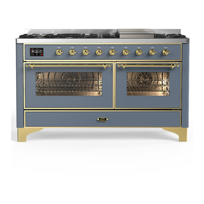 ILVE Majestic III 60" Blue Grey Dual Fuel Range with 9 Burners and Griddle Triple Glass Door Liquid Propane
