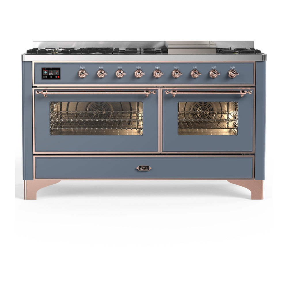 ILVE Majestic III 60" Blue Grey Dual Fuel Range with 9 Burners and Griddle Triple Glass Door Liquid Propane