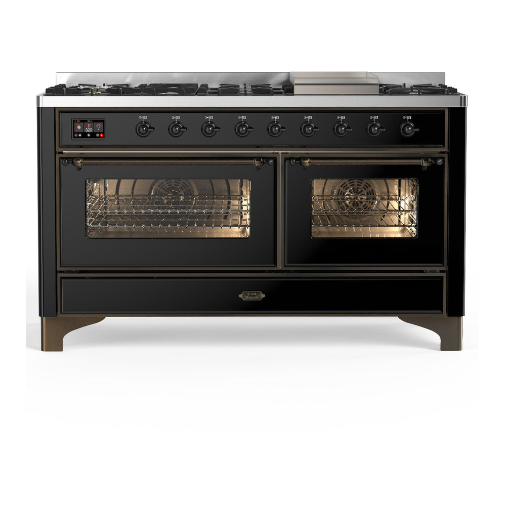 ILVE Majestic III 60" Glossy Black Dual Fuel Range with 9 Burners and Griddle Triple Glass Door Liquid Propane