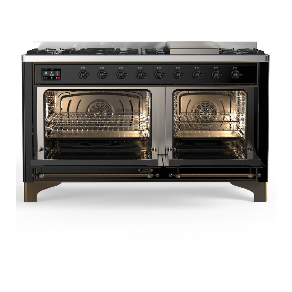 ILVE Majestic III 60" Glossy Black Dual Fuel Range with 9 Burners and Griddle Triple Glass Door Liquid Propane
