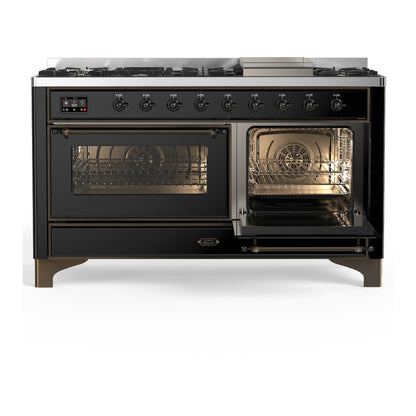 ILVE Majestic III 60" Glossy Black Dual Fuel Range with 9 Burners and Griddle Triple Glass Door Natural Gas